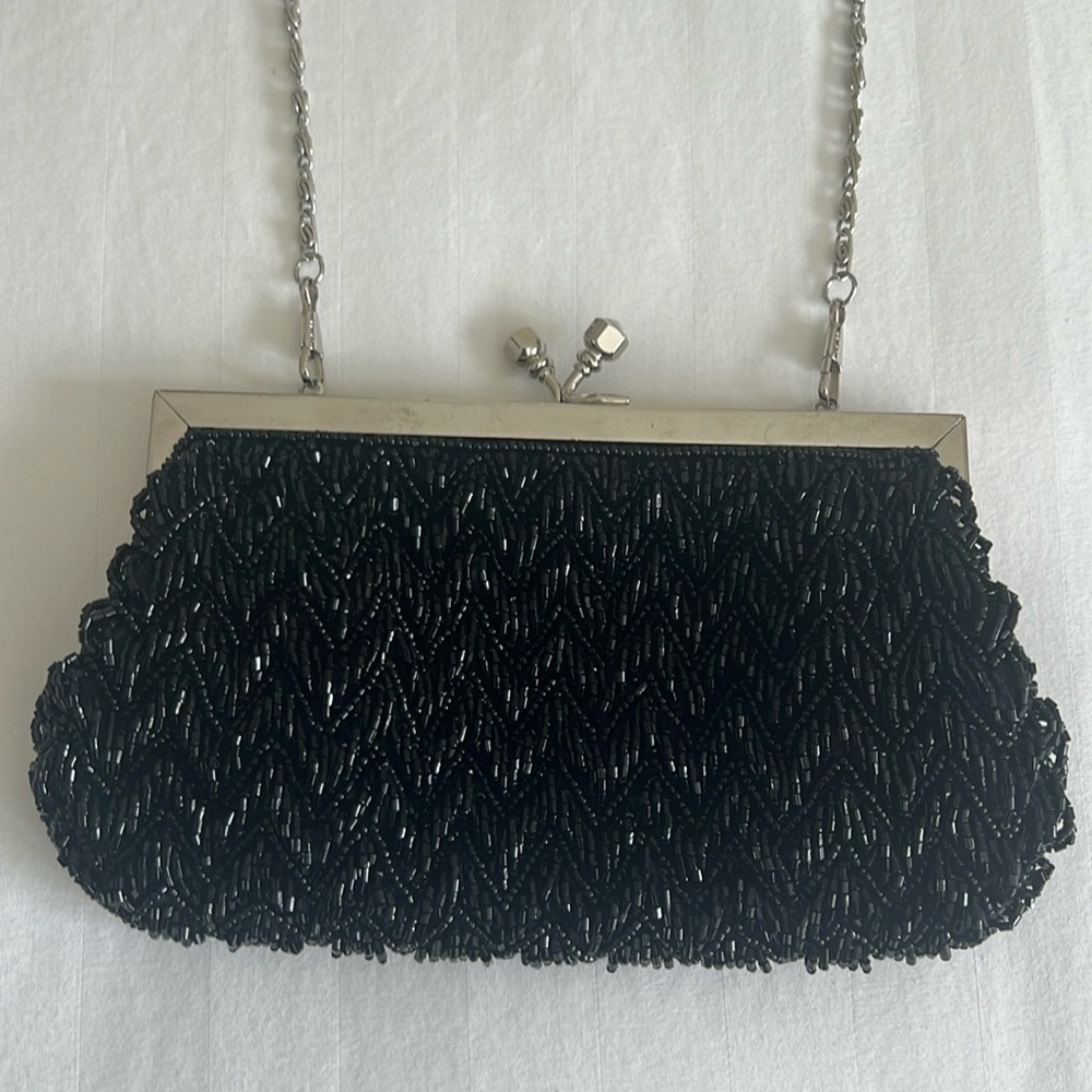 LaViola beautiful black beaded clutch with silver details/chain & rhinestones